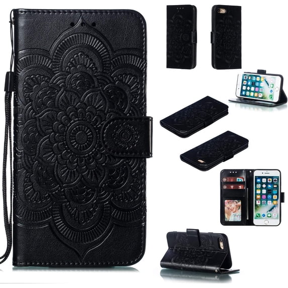 Mandala Case for iPhone 7 Plus iPhone 8 Plus, Premium Leather Flip Wallet Card Slots Magnetic Stand Protective Ultra Slim Case with Lanyard, Embossed Flip Cover-Black