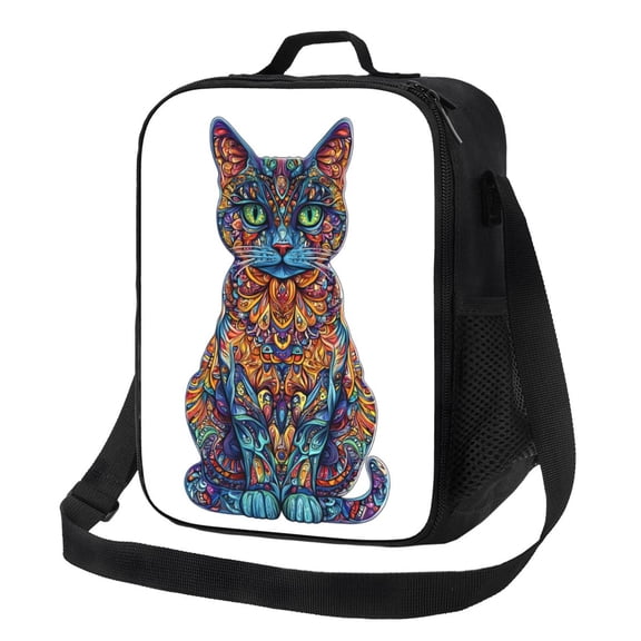 Mandala Cat Lunch Bag Reusable Lunch Box Insulated Tote Bag with Adjustable Shoulder Strap