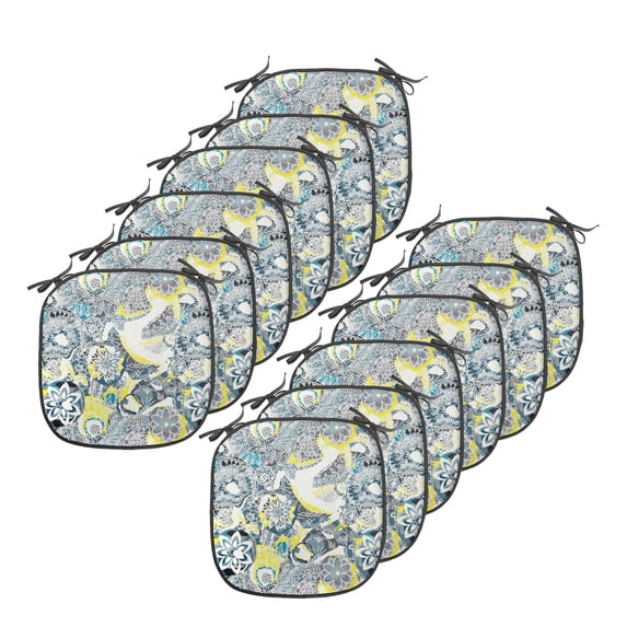 Mandala Chair Seating Cushion Set of 12, Floral Mandala Ornamental Vintage Blooming Flowers Foliage Leaves Garden Themed, Seat Pads with Anti-slip Backing, 16"x16", Yellow Blue, by Ambesonne