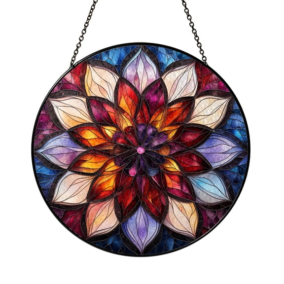 Mandala Circle Stained Glass Suncatcher, Decorative Geometric Window Hanging Art, Colorful Glass Style Accent for Modern Home Decor