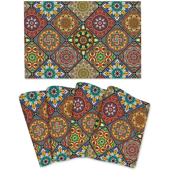 Mandala Colorful Geometry Retro Placemats Set of 4 Linen Washable Non-Slip Heat-Resistant Boho Decor Kitchen Table Mats for Dining Outdoor Home Decor 12x18 Inch