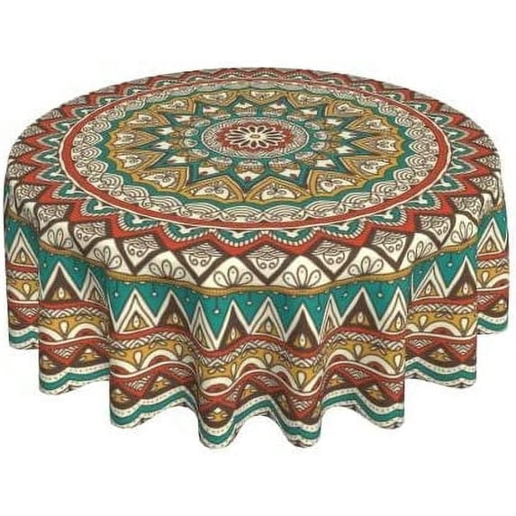 Mandala Colorful Green Brown Waterproof Picnic Patio Party Round Table Cloth Cover Decorations Fabric 60 Inch Circular Tablecloth for 20-47 Inch Home Dining Room Kitchen Decor