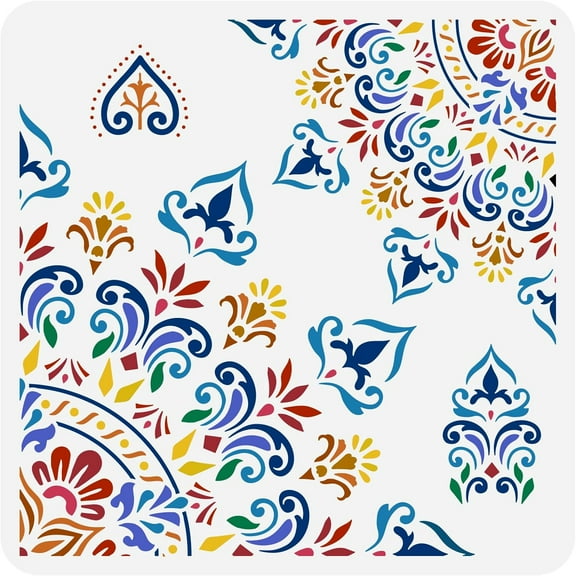 Mandala Corner Stencil for Painting 11.8x11.8inch Reusable Mandala Floral Pattern Drawing Template Decorative Flower Pattern Border Stencil for Home Wall Tiles Floor Furniture Decoration White