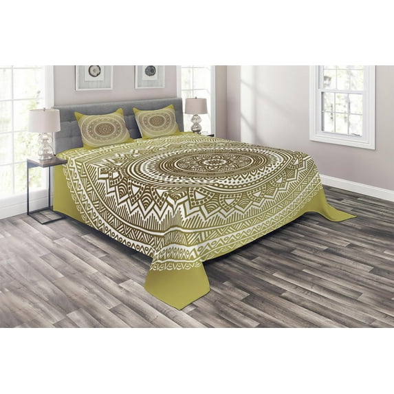 Mandala Coverlet Set Queen Size, Ombre Mandala Flower Pattern Queen Inspired Ethnic Prints Hippie Design, Quilted 3 Piece Decor Bedspread Set with 2 Pillow Shams, Mustard and White, by Ambesonne