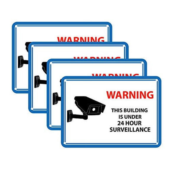 Mandala Crafts 24 Hour Video Surveillance Sign, Security Camera Sign, Rectangular Aluminum Warning Sign for Outdoors, Homes, Businesses, CCTV Recording 4-Pack Blue