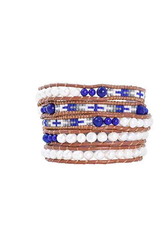 Boho Freshwater Cultured Pearl Bead Stackable Leather Wrap Bracelet Jewelry for Women, White Pearls