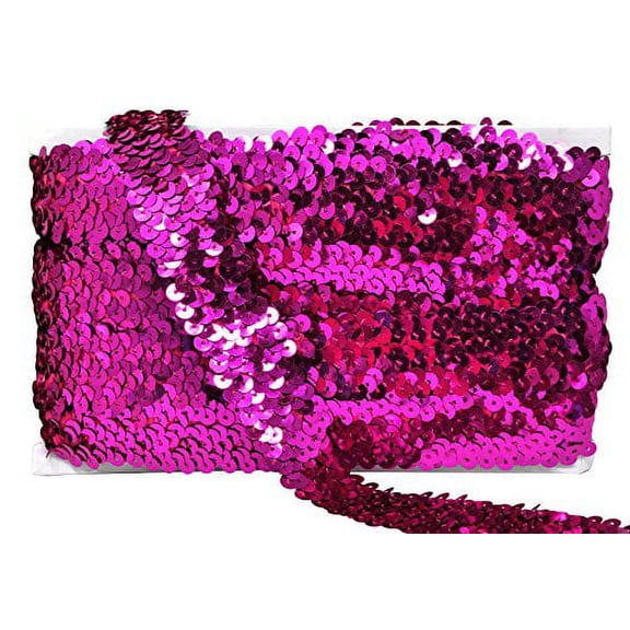 Mandala Crafts Elastic Sequin, Flat Glitter Stretch Bling Paillette Fabric Ribbon, Metallic Appliqué Trim Lace for Dress Embellish, Headband (1 Inch, Fuchsia)