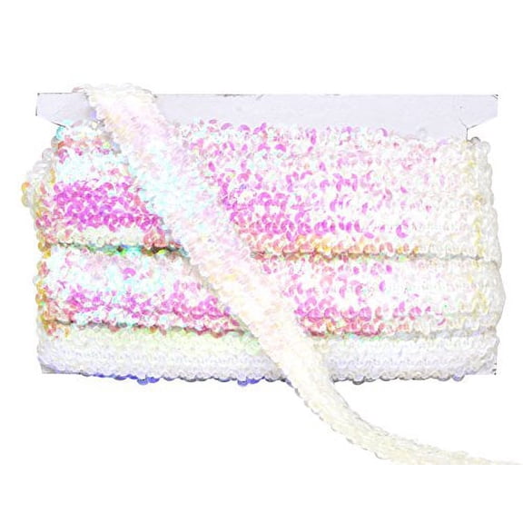 Mandala Crafts Elastic Sequin, Flat Glitter Stretch Bling Paillette Fabric Ribbon, Metallic Appliqué Trim Lace for Dress Embellish, Headband (1 Inch, Iridescent Clear)