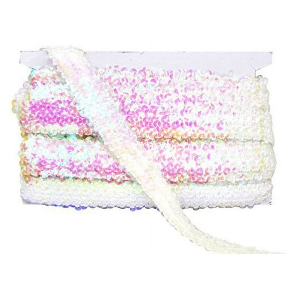 Mandala Crafts Elastic Sequin, Flat Glitter Stretch Bling Paillette Fabric Ribbon, Metallic Appliqué Trim Lace for Dress Embellish, Headband (1 Inch, Iridescent Clear)