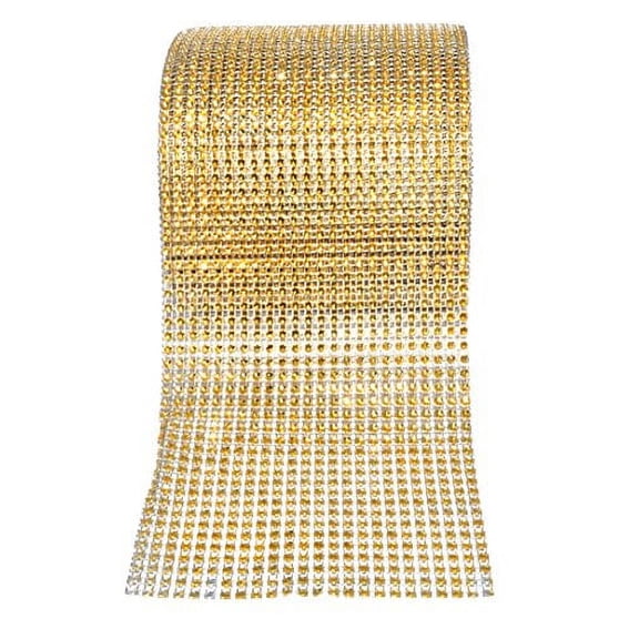 Mandala Crafts Faux Diamond Bling Wrap, Faux Rhinestone Crystal Mesh Ribbon Roll for Wedding, Party, Centerpiece, Cake, Vase Sparkling Decoration (4.75 Inches 24 Rows 10 Yards, Gold)
