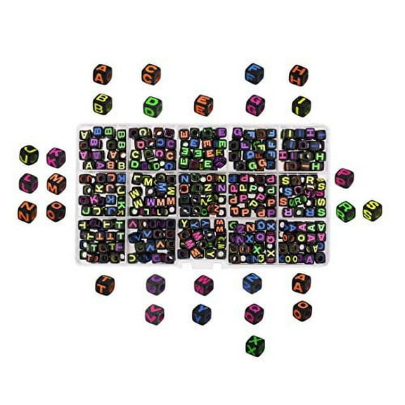 Mandala Crafts Letter Alphabet Pony Bead Set for Bracelet, Rave Kandi Jewelry Making; Color on Black 6mm Sorted 600 Bead Letters;