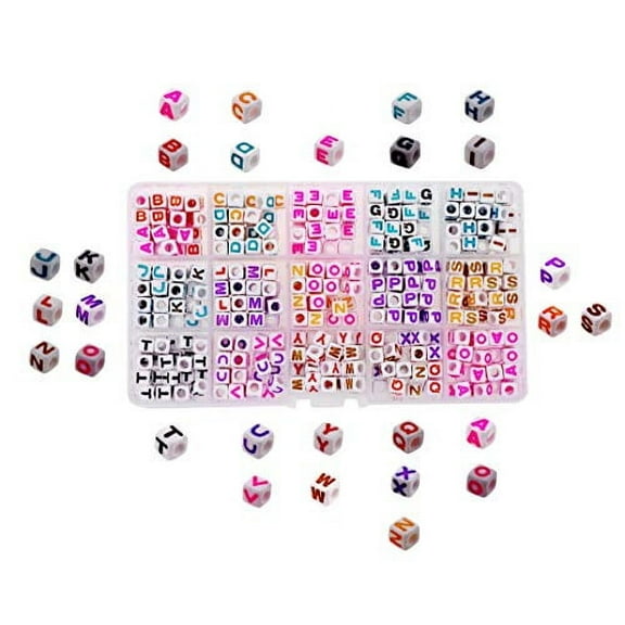 Mandala Crafts Letter Alphabet Pony Bead Set for Bracelet, Rave Kandi Jewelry Making; Color on White 6mm Sorted 600 Bead Letters;