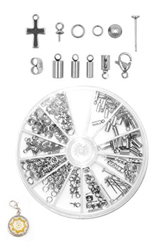 Mandala Crafts Stainless Steel Kumihimo Cord End Cap, Clasp, Ribbon Clamp, Bail Jewelry Finding Supplies Starter Kit (Endcaps, Bail Pegs, Earring Posts, Charms, Bead Caps)