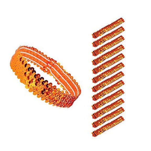 Mandala Crafts Stretch Elastic Sequin Headband, Sparkle Glitter Fashion Head Band 12 Pack Set for Sports, Dance, Party, Women, Girls, Babies (Orange)