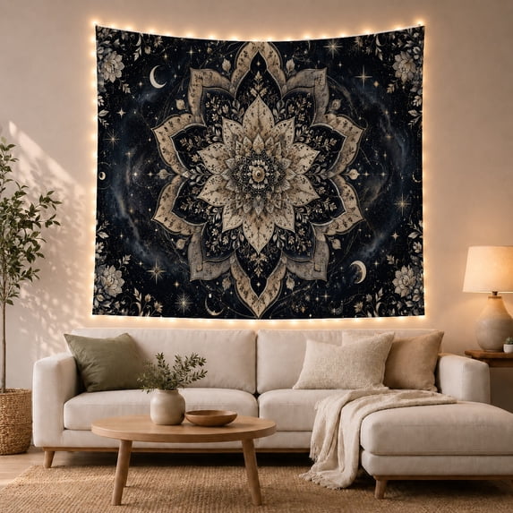 Mandala with Crescent Moons Against a Starry Night Sky, Mystical Celestial for Boho Decor Lovers, Cosmic Wall Art Decor, Housewarming Gift, Tapestry Wall Hanging for Living Room and Dorm
