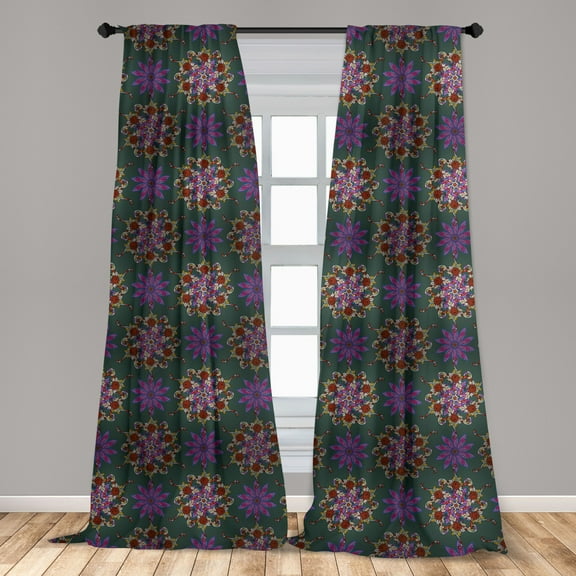 Mandala Curtains 2 Panels Set, Floral Composition with Oriental Arrangement of Colorful Abstract Curved Shapes, Window Drapes for Living Room Bedroom, 56"W X 63"L, Multicolor, by Ambesonne