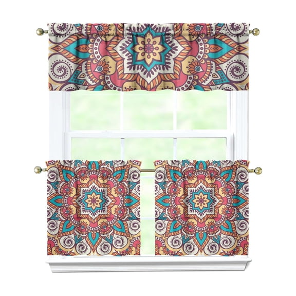 Mandala Curtains 24 Inch Short - 3 Panel Set, Psychedelic Geometric Abstract Meditation Pattern, Spiritual Healing Energy Rod Pocket Window Curtain for Zen, Boho, Living Room, Bedroom, Easy Wash