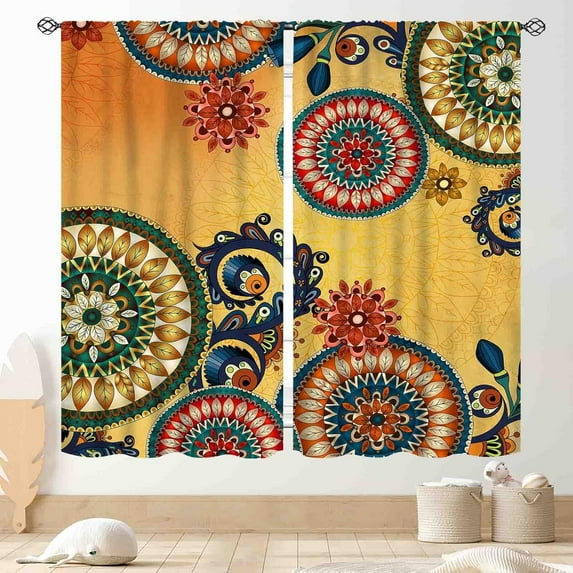 Mandala Curtains, Boho Retro Vintage Paisley Mandala Indian Print Bohemian Traditional Blackout Window Curtains for Living Room Bedroom Kitchen Bathroom 2 Panels, 84"x63" Inch