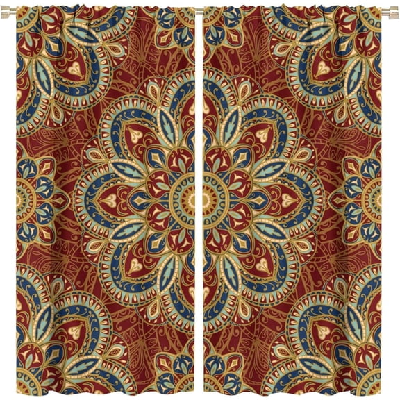 Mandala Curtains Retro Eastern Style Mandala Flowers Brown Art Print for Bedroom Living Room Bathroom Kitchen Decor Rod Pocket Blackout Window Drape 52x84in