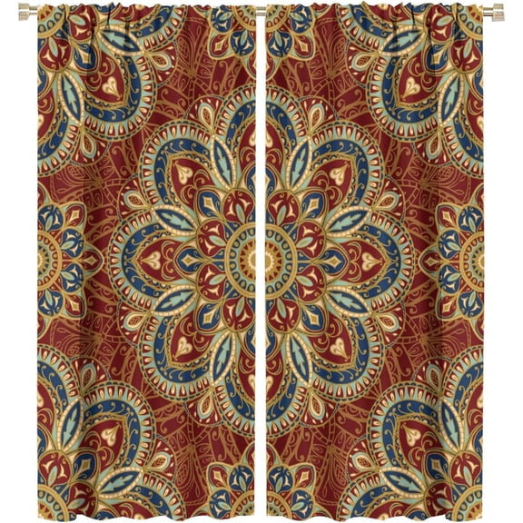 Mandala Curtains Retro Eastern Style Mandala Flowers Brown Art Print for Bedroom Living Room Bathroom Kitchen Decor Rod Pocket Blackout Window Drape 55x63in
