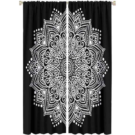 Mandala Curtains Vintage Boho Mandala Flower Black and White Classic Art Print for Bedroom Living Room Bathroom Kitchen Decor Rod Pocket Blackout Window Drape 42x63in