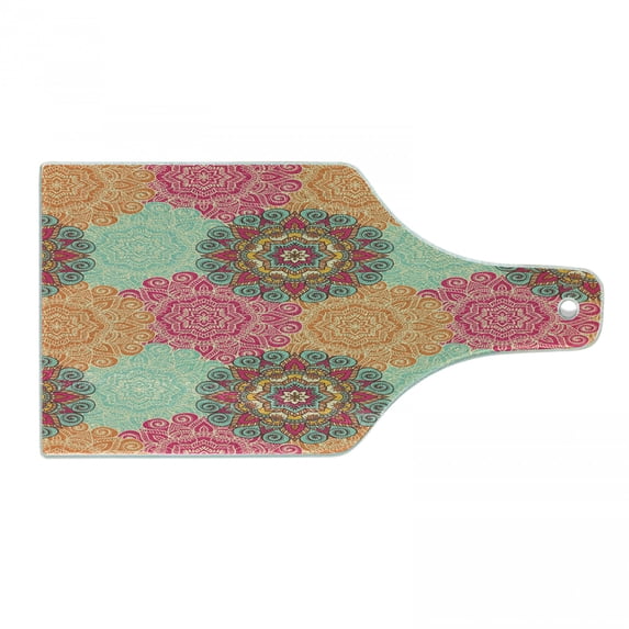 Mandala Cutting Board, Antique Mandala Patterns Circles in Vintage Colors Native Tribal Ornamental, Tempered Glass Cutting and Serving Board, Wine Bottle Shape, Fuchsia Orange, by Ambesonne