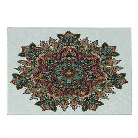 Mandala Cutting Board, Mandala Design Unifying Centre Eastern Sign Pattern Print Art, Decorative Tempered Glass Cutting and Serving Board, Small Size, Multicolor, by Ambesonne