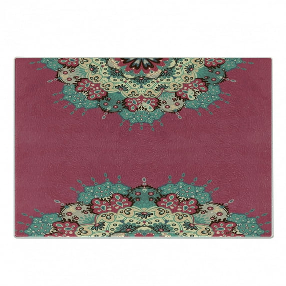 Mandala Cutting Board, Eastern Floral Motifs in Half Boho Traditional Frame on Pink Background, Decorative Tempered Glass Cutting and Serving Board, Small Size, Multicolor, by Ambesonne