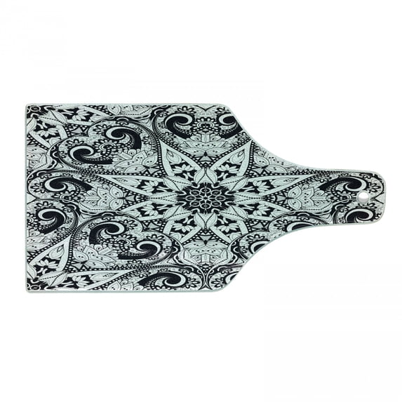 Mandala Cutting Board, Eastern Style Lace Like Universe Pattern with Middle Eastern Effects Print, Decorative Tempered Glass Cutting and Serving Board, Wine Bottle Shape, Black White, by Ambesonne