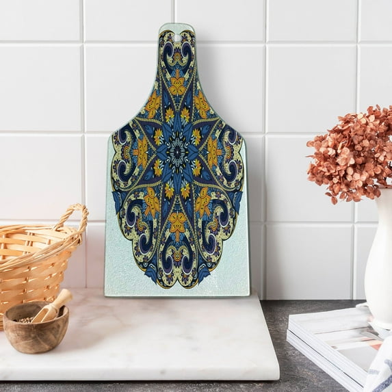 Mandala Cutting Board, Floral Motif Vibrant Colors Inner Balance Pattern Style, Decorative Tempered Glass Cutting and Serving Board, Wine Bottle Shape, Blue Orange Purple, by Ambesonne