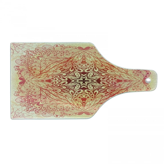 Mandala Cutting Board, Hand Drawn Ombre Doodle Style Flowers Swirls Ivy in Square Shape Image, Tempered Glass Cutting and Serving Board, Wine Bottle Shape, Pink Yellow and White, by Ambesonne