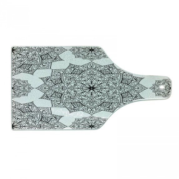 Mandala Cutting Board, Middle Eastern Mosaic Design Secret Body and Mandala Motif Active World Image, Decorative Tempered Glass Cutting and Serving Board, Wine Bottle Shape, Black, by Ambesonne