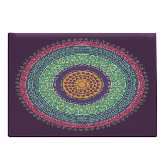 Mandala Cutting Board, Middle Illustration with Curls and Petals Oriental Colorful Pattern, Decorative Tempered Glass Cutting and Serving Board, Large Size, Multicolor, by Ambesonne