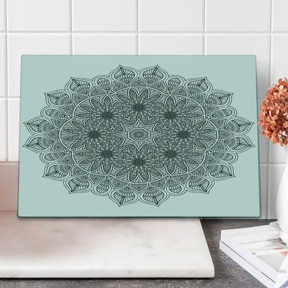 Mandala Cutting Board, Monochrome Pattern and Heritage Oriental Inspired Cosmos Art, Decorative Tempered Glass Cutting and Serving Board, Large Size, Black, by Ambesonne