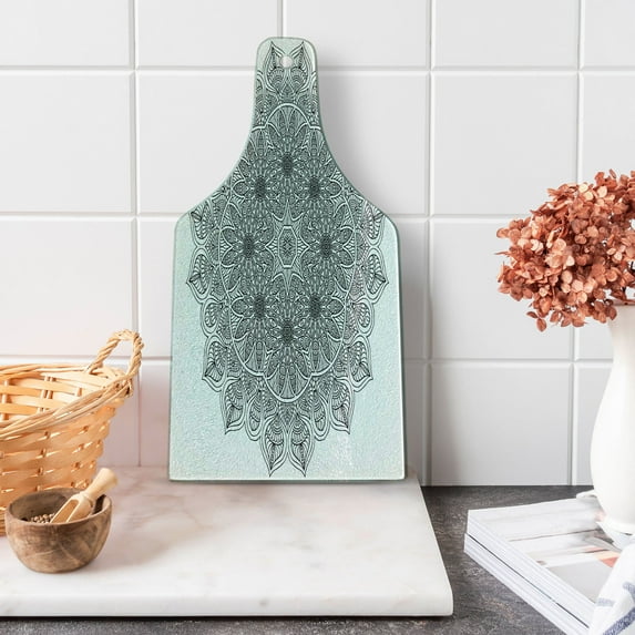 Mandala Cutting Board, Monochrome Pattern and Heritage Oriental Inspired Cosmos Art, Decorative Tempered Glass Cutting and Serving Board, Wine Bottle Shape, Black, by Ambesonne
