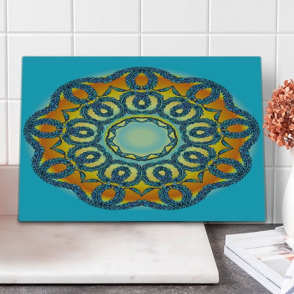 Mandala Cutting Board, Oriental Details Traditional Mandala with Interlace Swirled Theme, Decorative Tempered Glass Cutting and Serving Board, Large Size, Orange and Blue, by Ambesonne