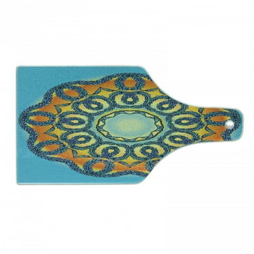 Mandala Cutting Board, Oriental Details Traditional Mandala with Interlace Swirled Theme, Decorative Tempered Glass Cutting and Serving Board, Wine Bottle Shape, Orange and Blue, by Ambesonne