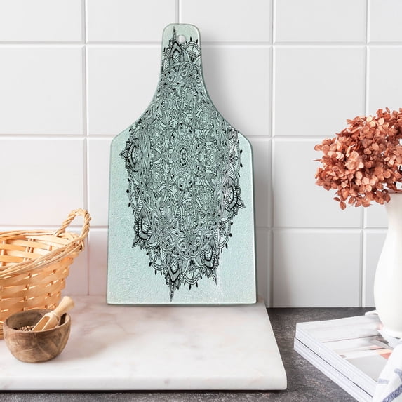 Mandala Cutting Board, Pattern of Lace Like Macro Round Tribal Motif with Mix Paisley Leaf Elements Image, Tempered Glass Cutting and Serving Board, Wine Bottle Shape, Black White, by Ambesonne