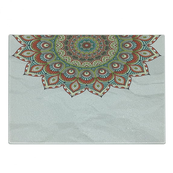 Mandala Cutting Board, Style Mandala Pattern with Floral Cycle of Life Theme Art, Decorative Tempered Glass Cutting and Serving Board, Small Size, Multicolor, by Ambesonne