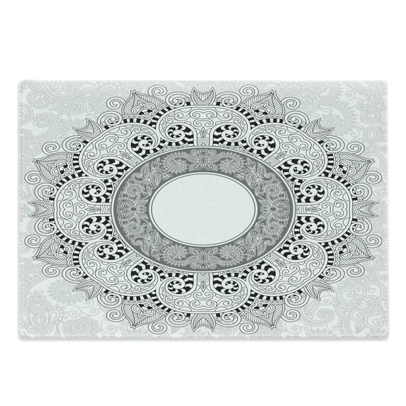 Mandala Cutting Board, Traditional Design with Ornamental Circle Flower Eastern Image, Decorative Tempered Glass Cutting and Serving Board, Large Size, Black and White, by Ambesonne