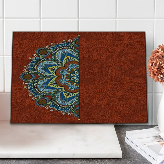 Mandala Cutting Board, Ukranian Design Half Flower Pattern Swirls and Petals Image, Decorative Tempered Glass Cutting and Serving Board, Large Size, Burgundy White Blue, by Ambesonne