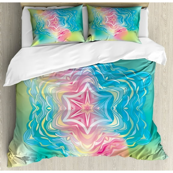 Mandala Duvet Cover Set, Psychedelic Liquid Design Digital Floral in Soft Colors Illustration, Decorative 3 Piece Bedding Set with 2 Pillow Shams, Queen Size, Blue Pink, by Ambesonne