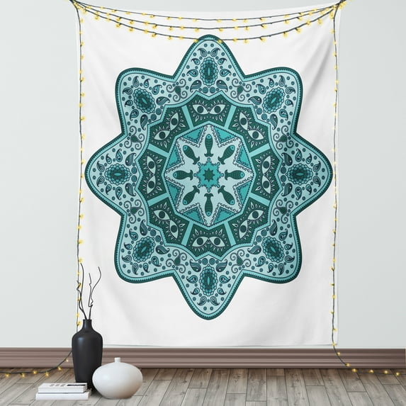 Mandala Decor Tapestry, Eastern Chinese Lace Mandala with Inner Eye Fish and Paisley Figures Artwork, Wall Hanging for Bedroom Living Room Dorm Decor, 40W X 60L Inches, Teal, by Ambesonne
