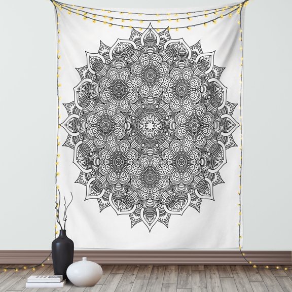 Mandala Decor Tapestry, Flower and Leaf Old Arabic Ottoman Mandala Chart Life Web Meditation Print , Wall Hanging for Bedroom Living Room Dorm Decor, 60W X 80L Inches, Black White, by Ambesonne