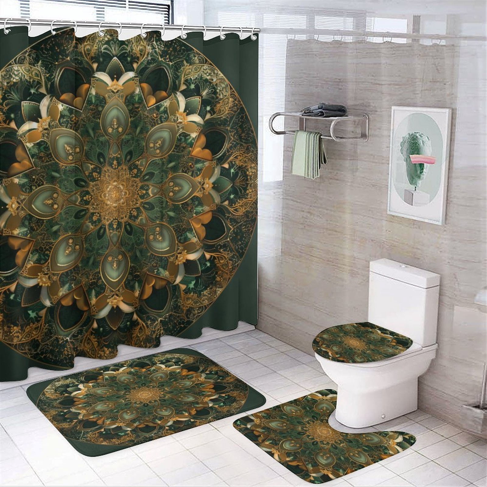 Mandala Design in Olive Green And Gold 4 Pcs Shower Curtain Sets with Non-Slip Rugs Toilet Lid Cover And Bath Mat Bathroom Decor Set Abstract Mandala Flowers Durable And Waterproof for Bathtub Decor
