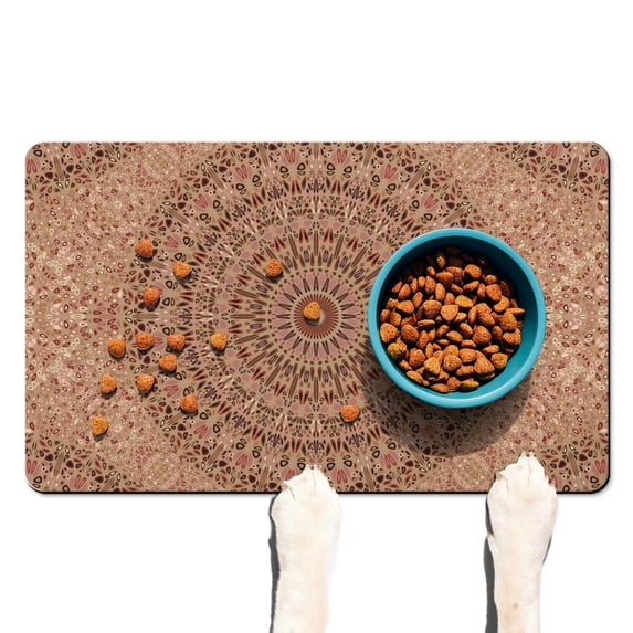 Mandala Dog Feeding Mat - Bohemian Style Non-Slip Pet Food Mat with Waterproof Absorbent Layers, 4-Layer Protection for Messy Eaters, Ethnic Design Meditation Space Inspired