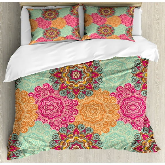 Mandala Duvet Cover Set, Antique Mandala Patterns Circles in Vintage Colors Native Tribal Ornamental, Decorative 3 Piece Bedding Set with 2 Pillow Shams, Queen Size, Fuchsia Orange, by Ambesonne