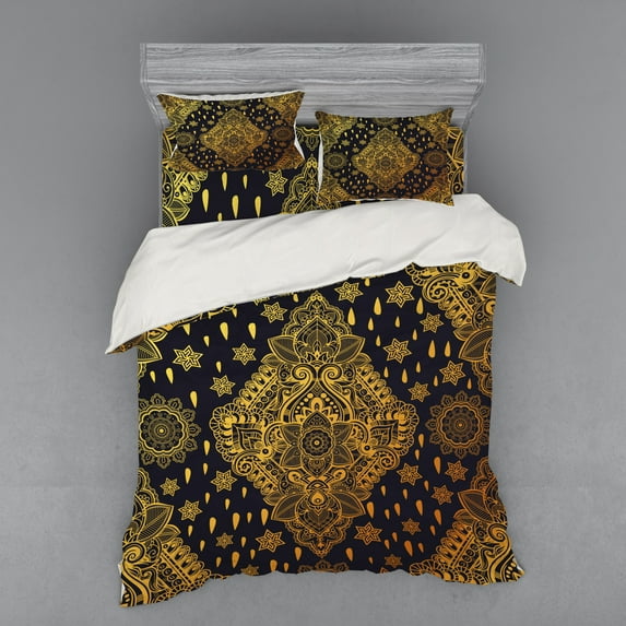 Mandala Duvet Cover Set, Bohemian Paisley Ornament Tattoo Vintage Design Print, Bedding Set with Shams and Fitted Sheet, 3 Sizes, by Ambesonne
