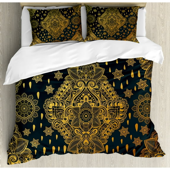 Mandala Duvet Cover Set, Bohemian Paisley Ornament Tattoo Vintage Design Print, Decorative 3 Piece Bedding Set with 2 Pillow Shams, King Size, Charcoal Grey Mustard, by Ambesonne