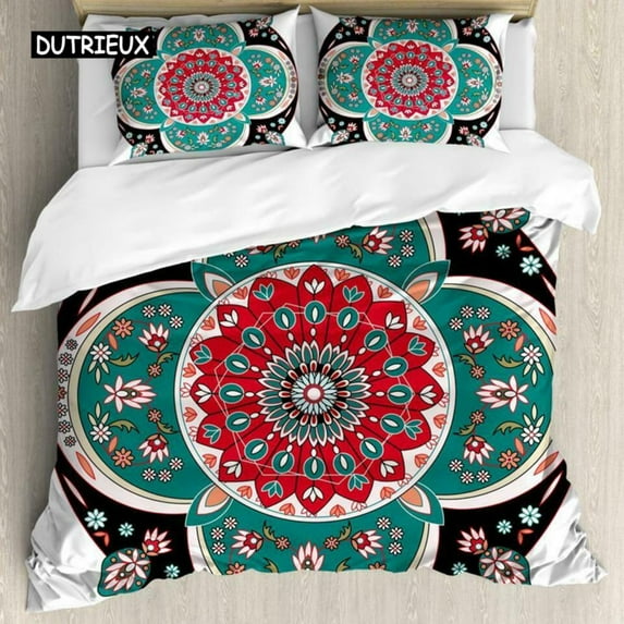 Mandala Duvet Cover Set Boho Lotus Flower Microcosm Motif Unique Retro Green Theme Double King Size